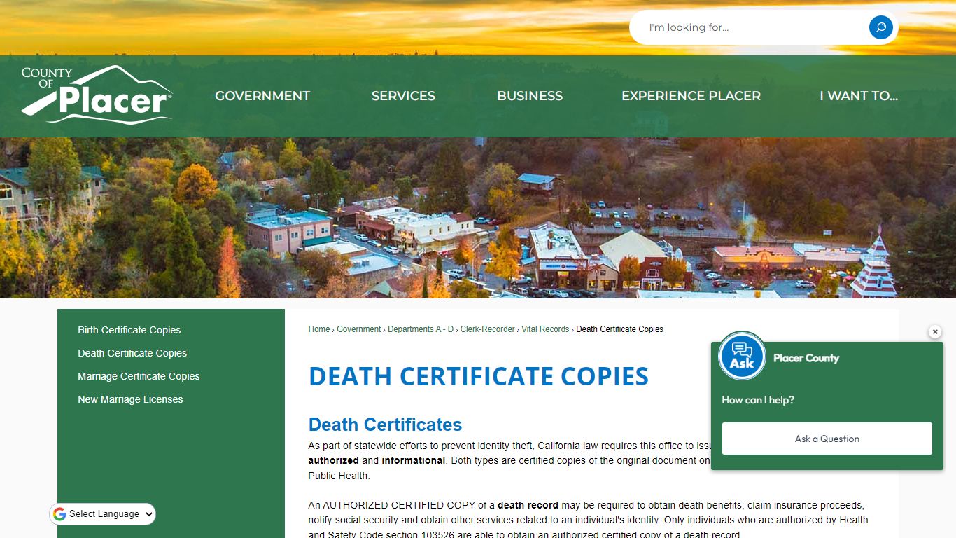 Death Certificate COPIES | Placer County, CA